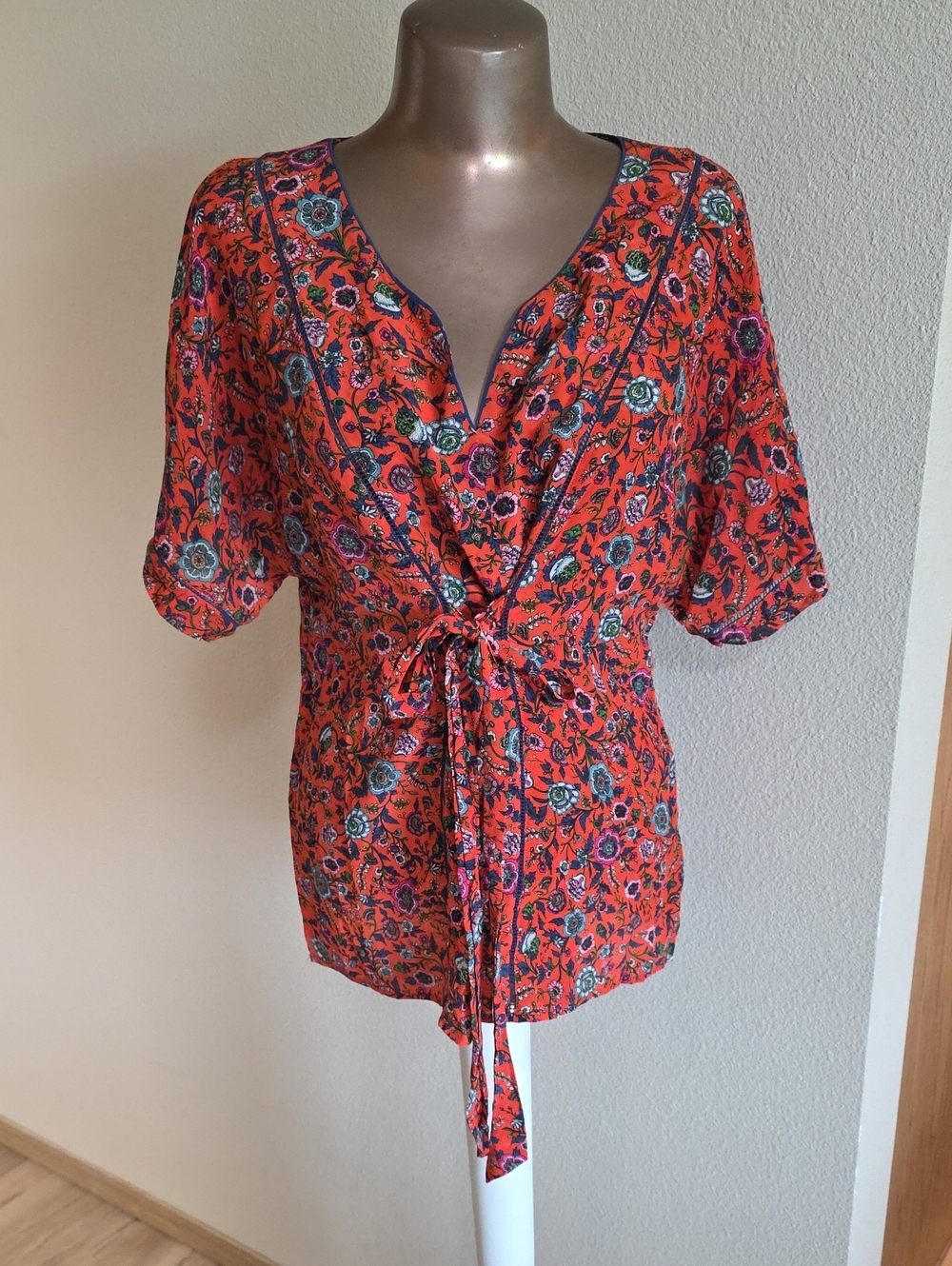 Maeve Orange Floral Tie-Waist V-Neck Blouse